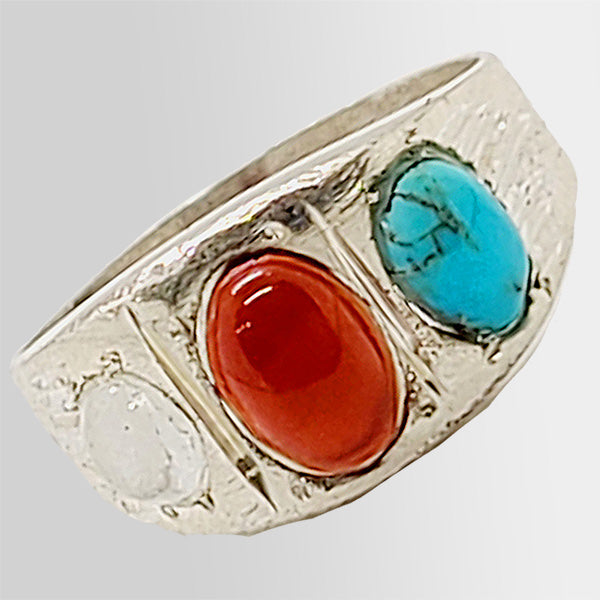 Multi Color Stone Ladies Ring Aqeeq Feerozah and Dure Najaf Stone Silver Ring