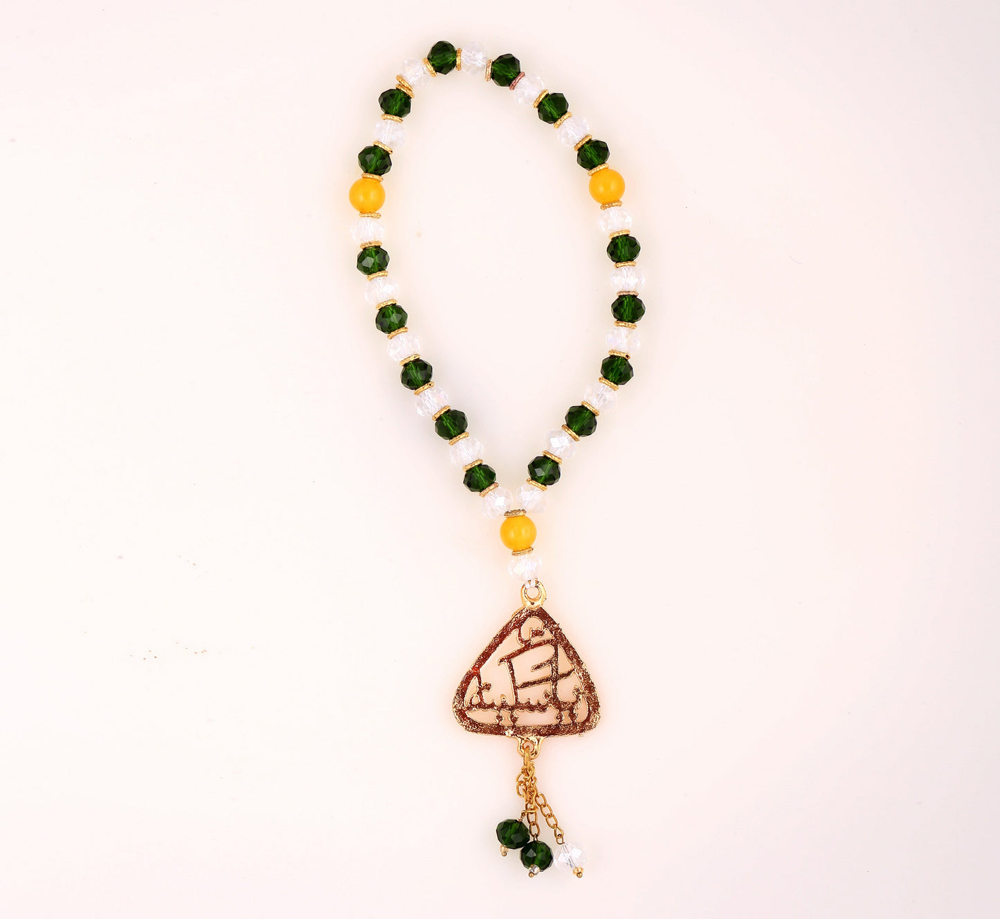 Beautiful Tasbeeh White & Green Zircon with Golden Pendant Ya Sakina (sa)