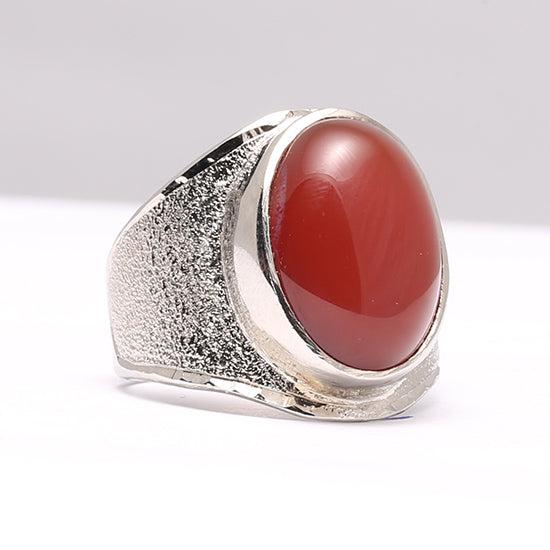 Brown Aqeeq Oval Shape Silver Ring – Elegant and Timeless