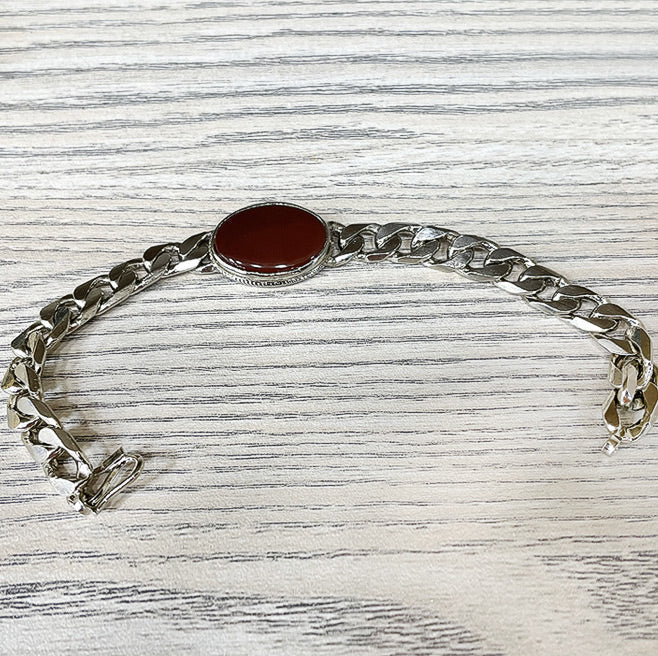 Brown Aqeeq Pure Agate Silver Chandi Bracelet for mens Italian Silver Chain
