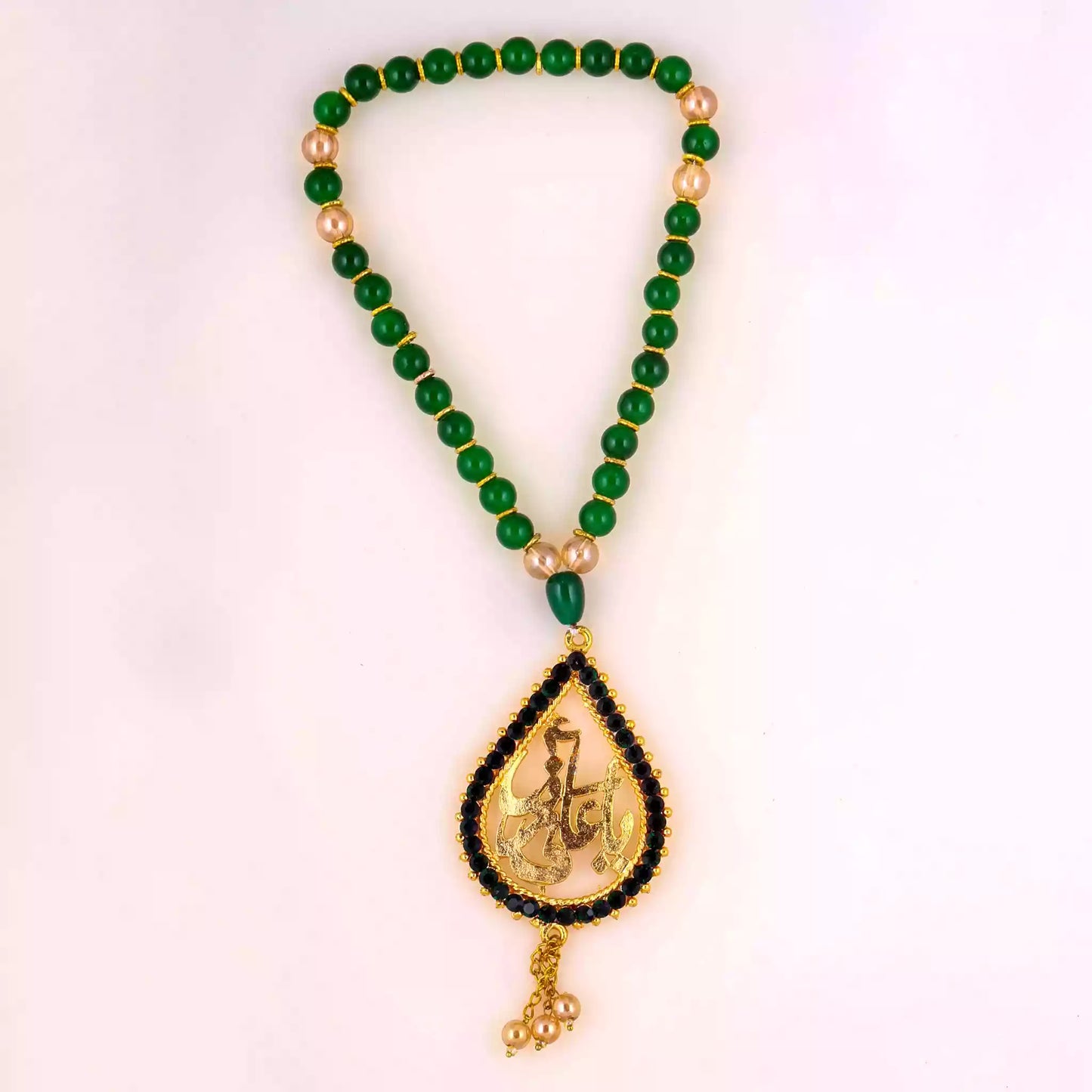 Glorious Devotion Tasbeeh Green Zircon, Golden Pendant Engraved with Ya Ali Reza as