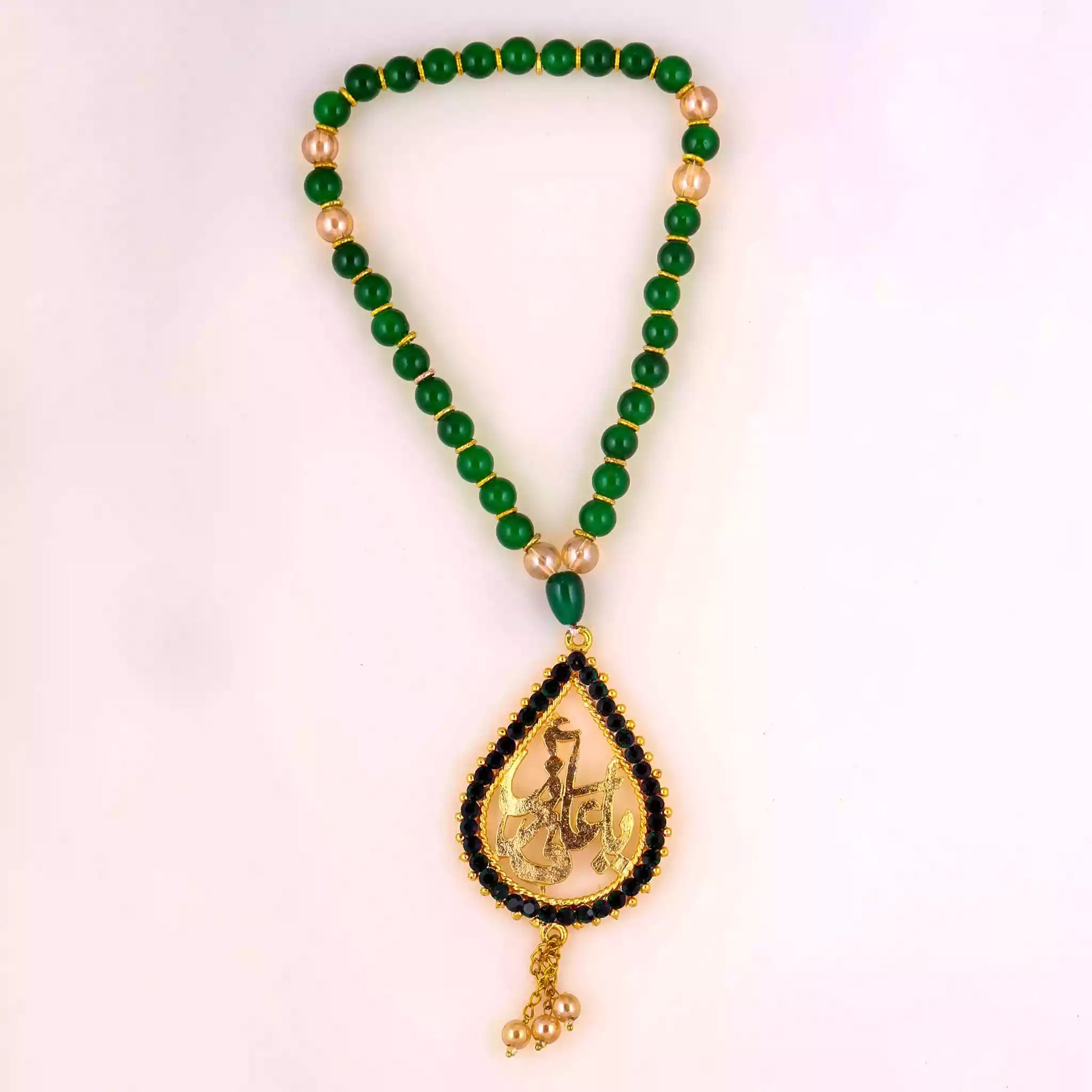 Glorious Devotion Tasbeeh Green Zircon, Golden Pendant Engraved with Ya Ali Reza as