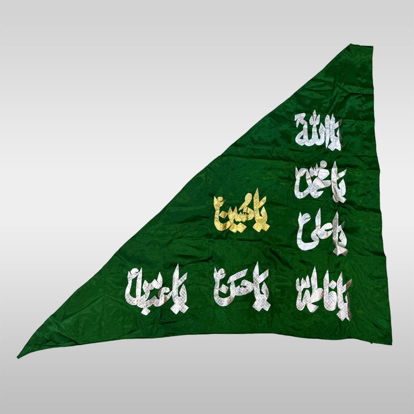 Spiritual green parcham mola abbas featuring Punjatan names and golden embroidery for Azadari and Muharram processions