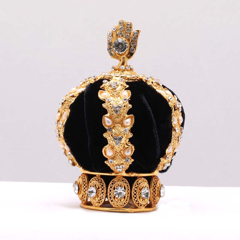 Golden Crown Taj Black Velvet White Stone Work