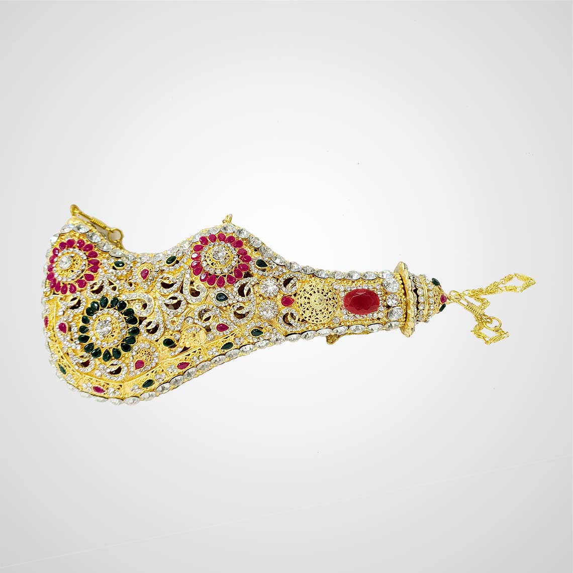 Front view of Mashq Bibi Sakina 8 inch with golden finish, red and green stones, and red stone on top for Hazrat Abbas Alam