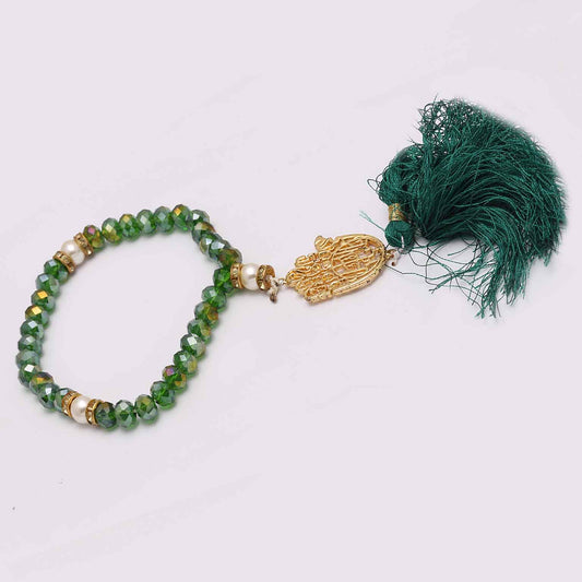 Tasbih Panja Ya Sar'Allah Green Crystal Beads Close-Up