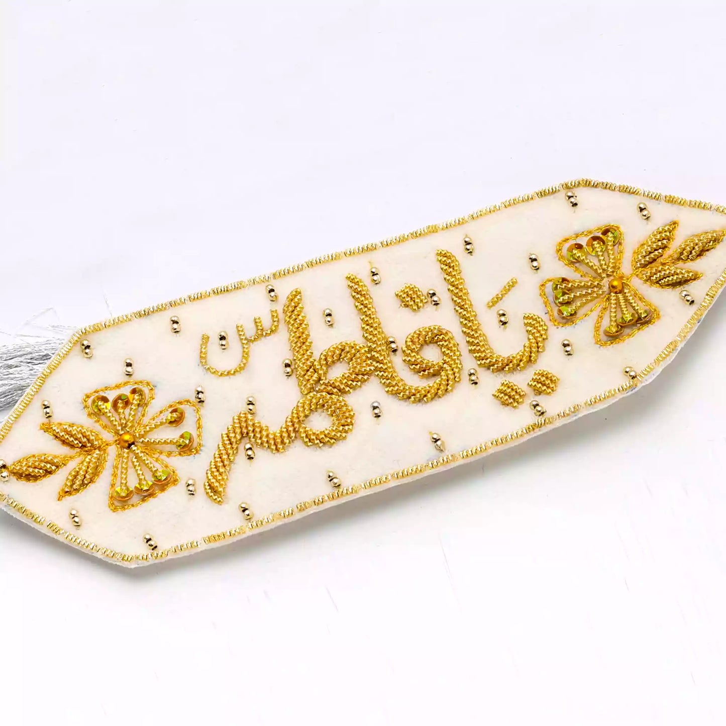 White Velvet Imam zamin with Gold Dapka Kora Work