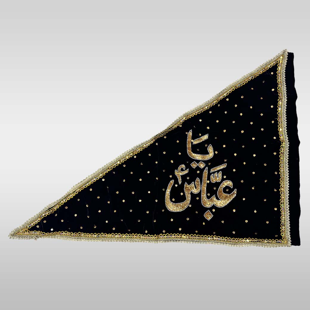 Shimmering ya abbas flag black with golden sequence embroidery, honoring Hazrat Abbas (as) for Azadari and majlis use