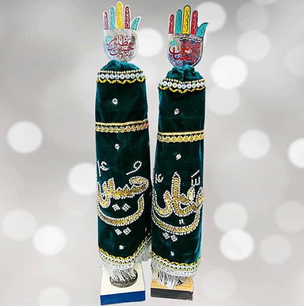 Ya Hussain (a.s) & Ya Abbas (a.s) Alam Set in Green Velvet Patka with Panja