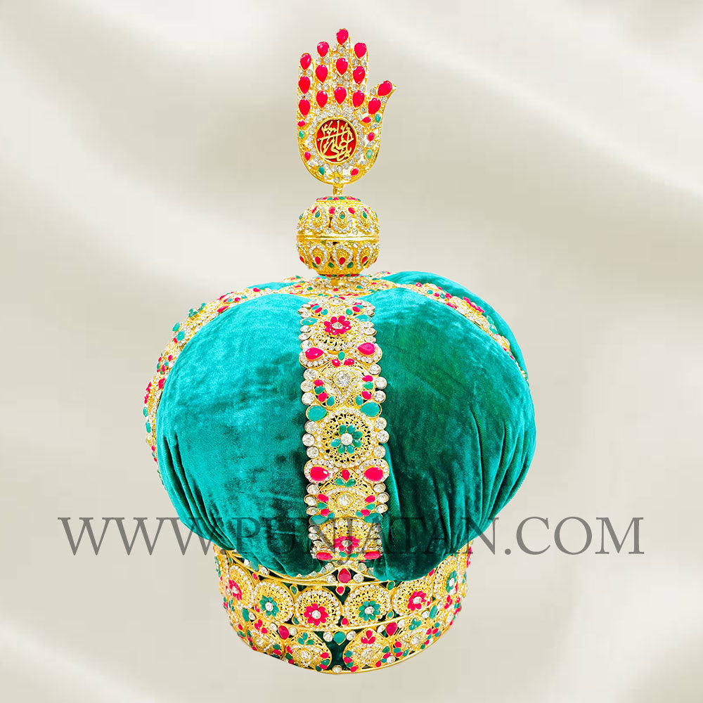 "Taj Ya Ali (as) is The Lion of God" Green velvet & Kashi Work Punja with Emeralds & Rubies Stone work