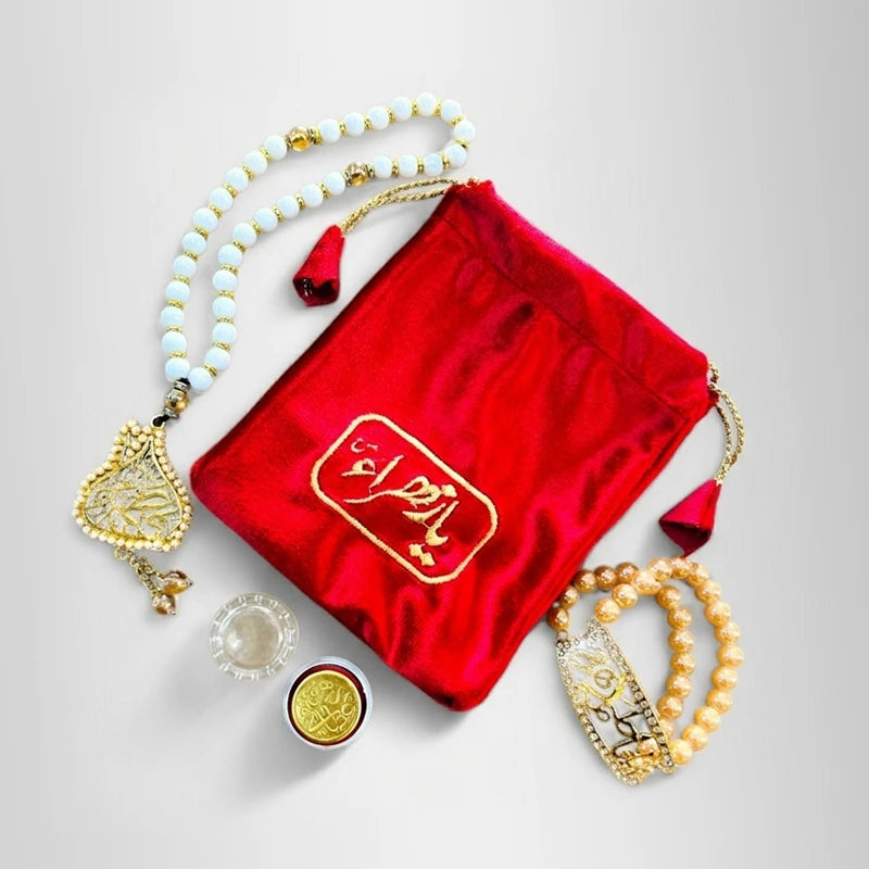 Bibi Fatima (as) Premium Tasbih Braslet Coin – Red Velvet Pouch