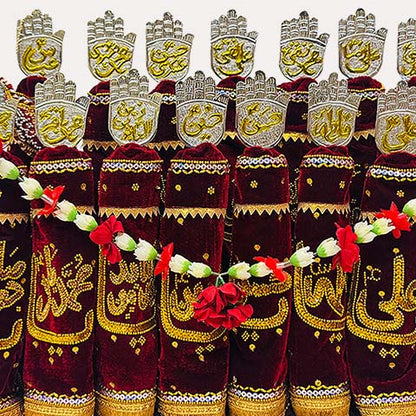 Masomeen Azakhana Set Red Velvet Alam Patkay Silver Gold Panjas