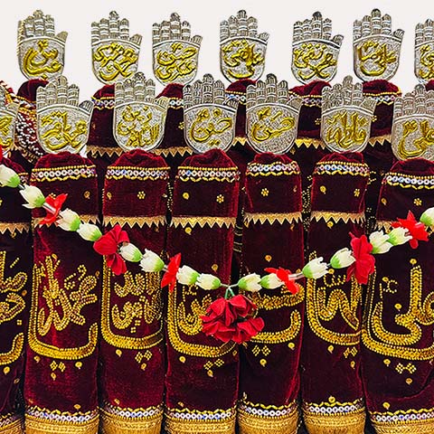 Masomeen Azakhana Set Red Velvet Alam Patkay Silver Gold Panjas