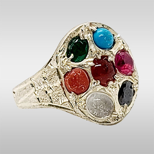 7 Color Stones Ring with Hirzejawad Bibi Umul Baneen (sa) Stone Silver Ring