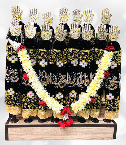 14 Masoomeen a.s + Hazrat Abbas a.s Alam Set Azakhana in Black Velvet Patkas Silver Panja