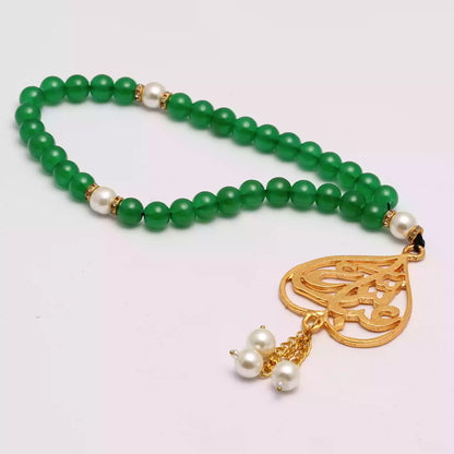 Beautiful Tasbih Golden Pendant Ya Abbas a.s Crystal Green Beads