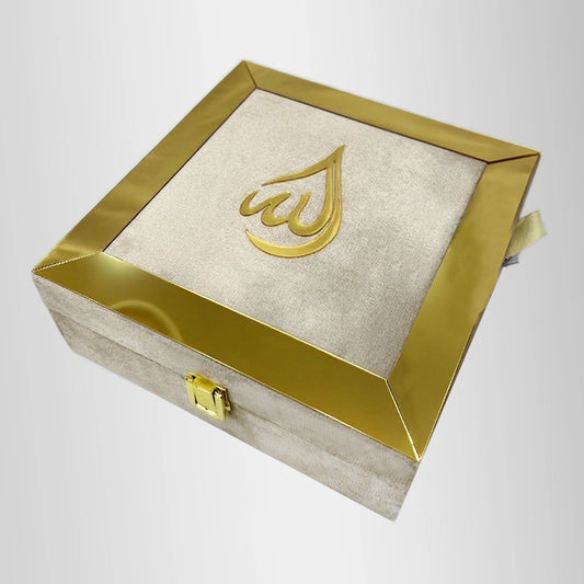 Beige Velvet Work Bridal Quran Set Quran with Box and Tasbih