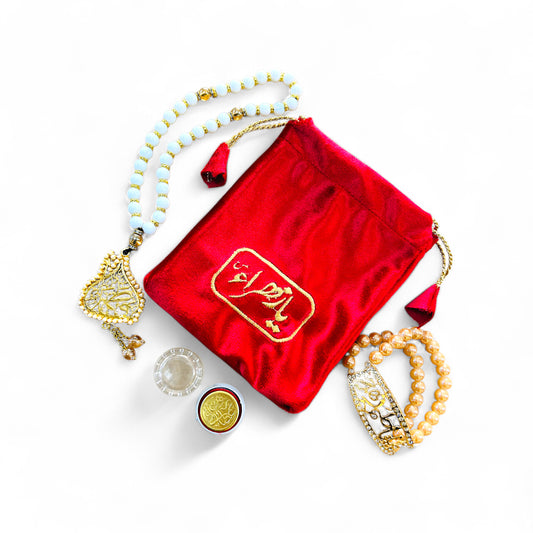 Bibi Fatima (sa) Red Velvet Pouch with Golden Embroidery