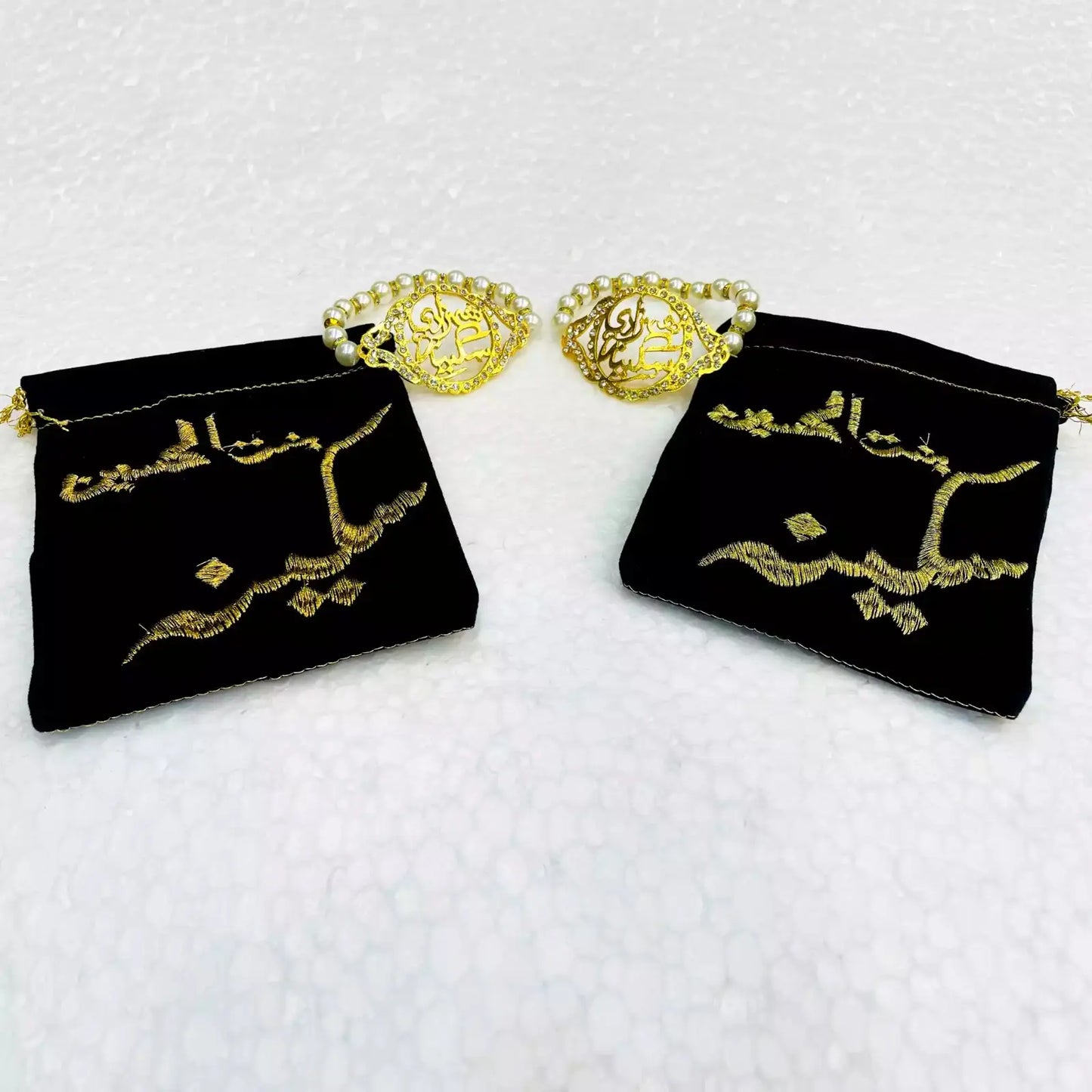 Bibi Sakina (sa) Black Pouch Bracelet Set Crystal Beads Black Velvet Embroidery 5pcs