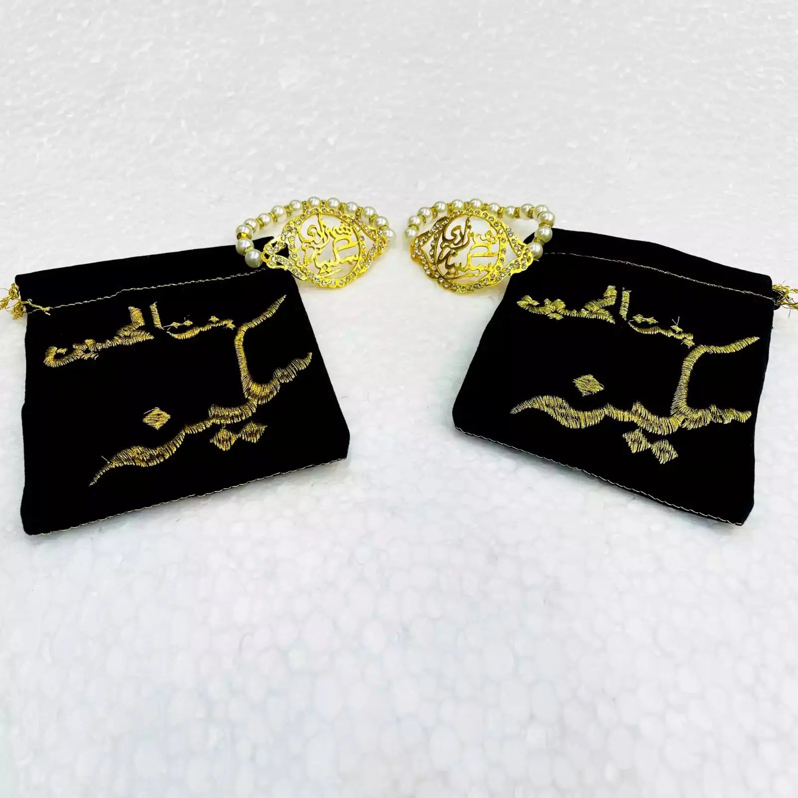 Bibi Sakina (sa) Black Pouch Bracelet Set Crystal Beads Black Velvet Embroidery 5pcs