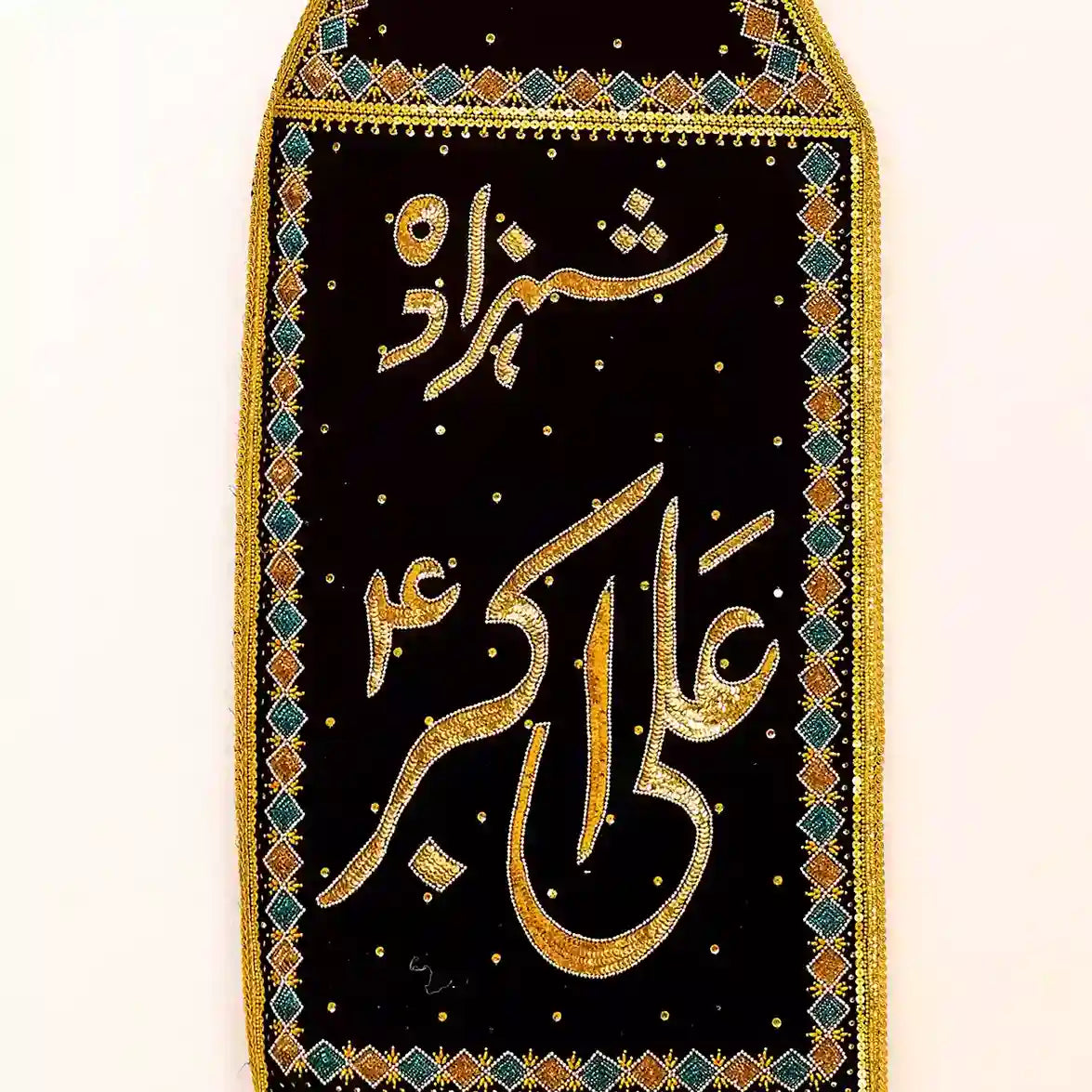 Black Velvet Alam Patka adorned with Flower Design associated with Shahzada Ali Akbar (as)