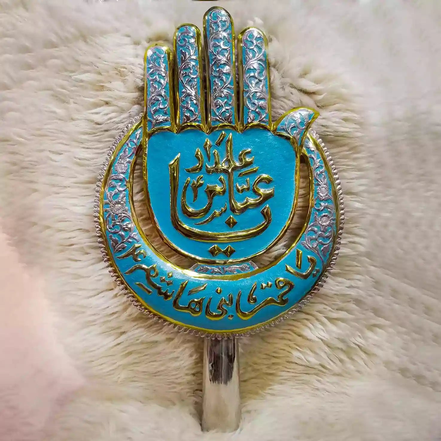 Blue Colour Traditional Designed Ya Abbas Alamdar as Silver Panja