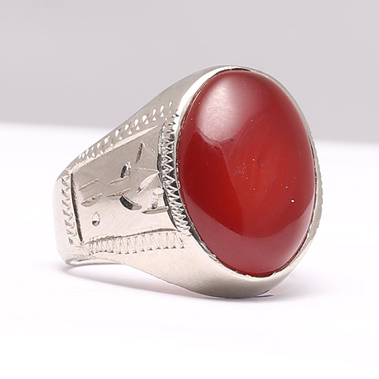 Brown Aqeeq 786 / 92 / 110 Silver Ring Red Aqeeq