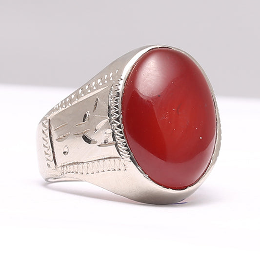 Brown Aqeeq 786 / 92 / 110 Silver Ring Red Aqeeq