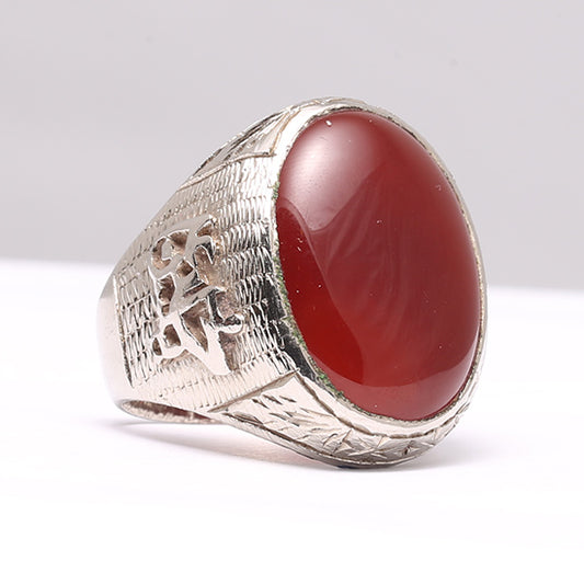 Brown Aqeeq Ring with "Ya Hussain (AS)" Engraving - Silver, Brown Aqeeq Silver Ring with Ya Hussain (as) Embossed on Silver Ring