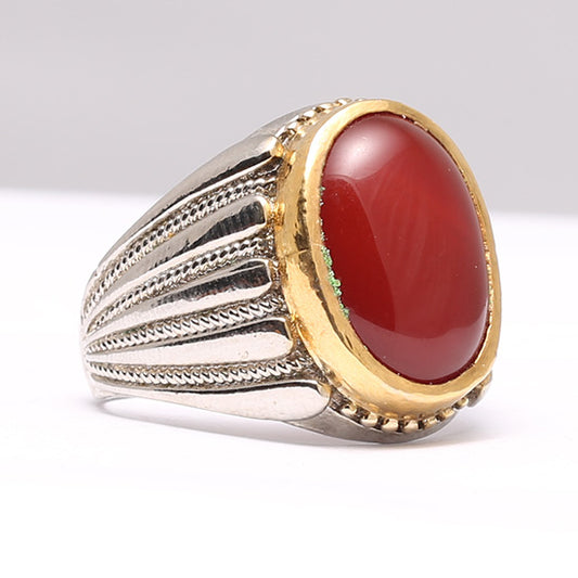 Brown Aqeeq Stone with Silver Stylish Ring