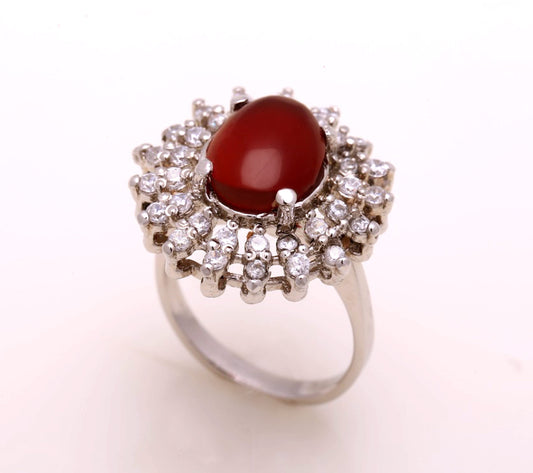 Brown Aqeeq with Zircon Stone Silver Women Ring Agate 