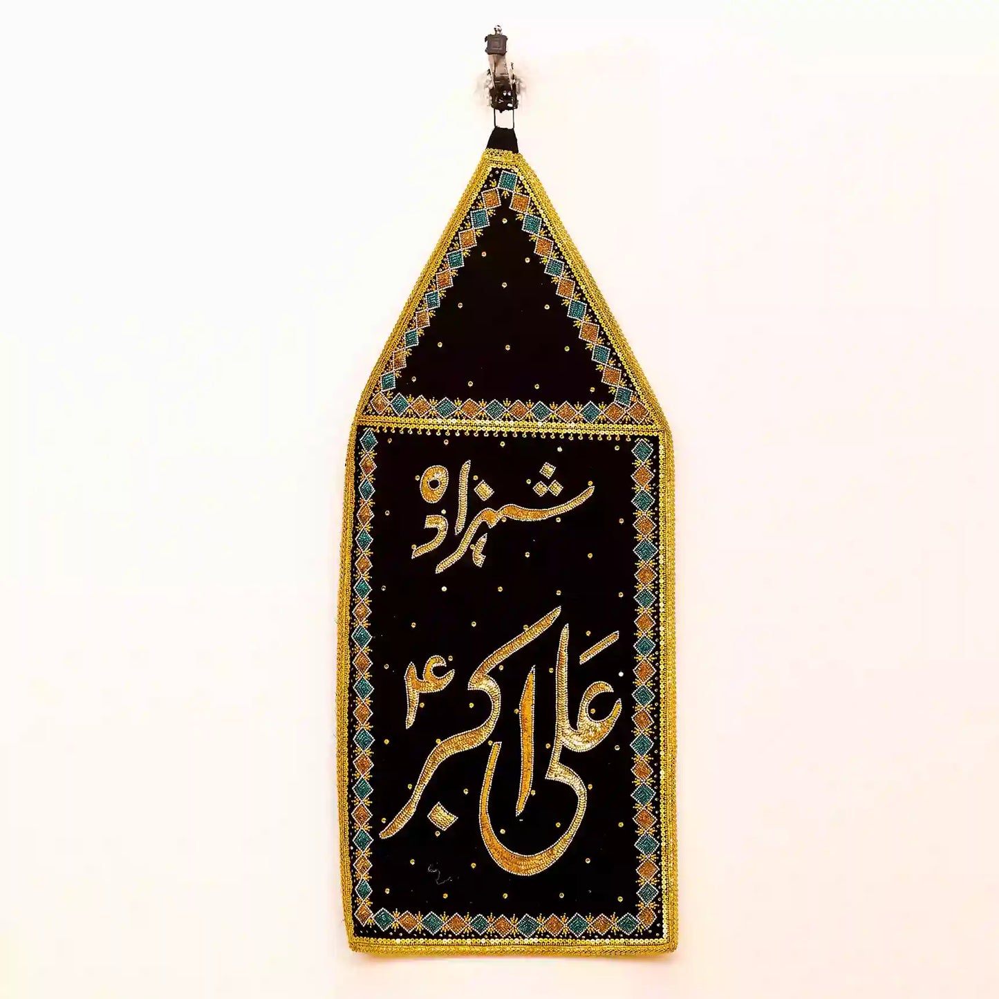 Elegant Black Velvet Alam Patka adorned with Flower Design associated with Shahzada Ali Akbar (as)