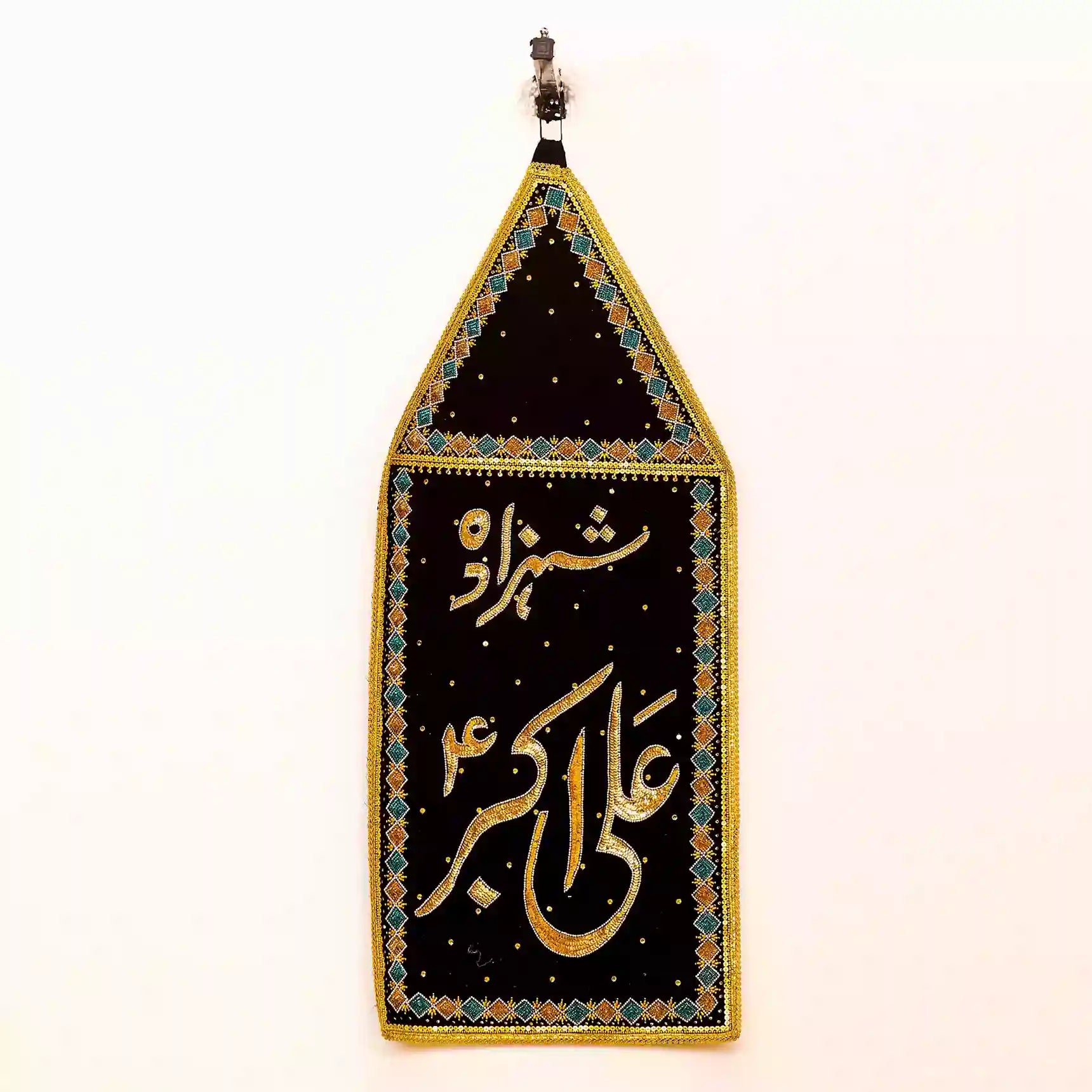 Elegant Black Velvet Alam Patka adorned with Flower Design associated with Shahzada Ali Akbar (as)