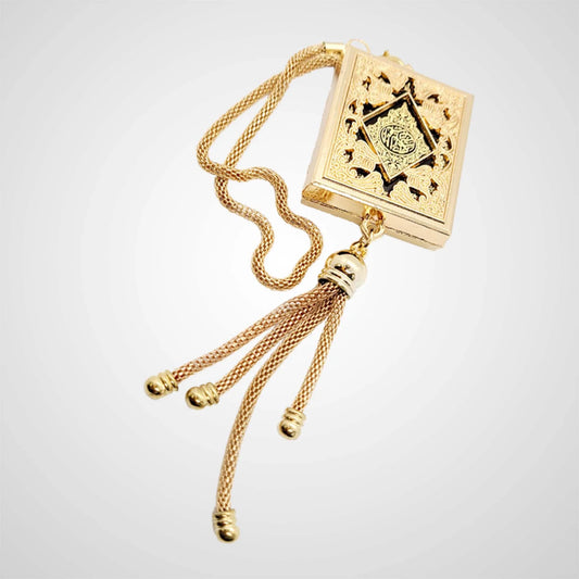 Front view of golden Quran car hanging with chain for barkat and safety, ideal for rearview mirror or wall decor