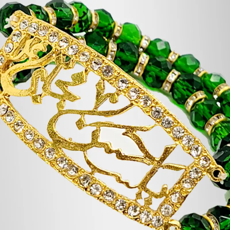 Green Crystal Beads Tasbih with Gold Plated Ya Hassan e Mujtaba (as)