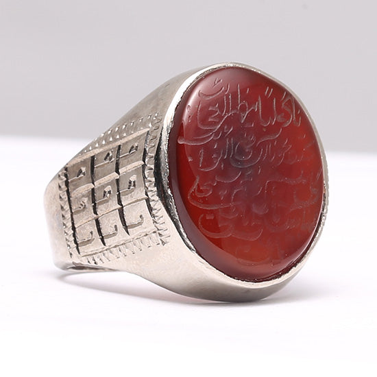 Handmade Brown Aqeeq Nade Ali Silver Ring with Sacred Engraving