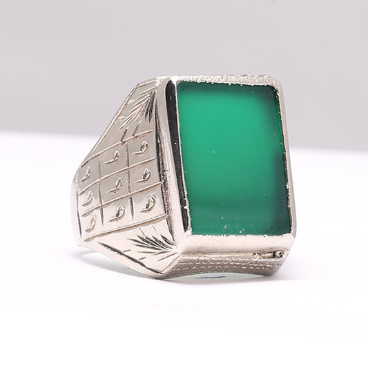 Green Aqeeq Silver Ring Rectangular Men's Aqeeq 999 Naqsh