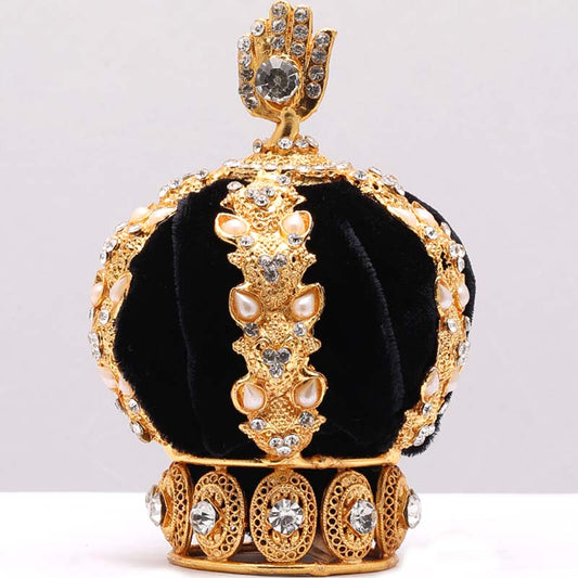 Golden Crown Taj Black Velvet White Stone Work