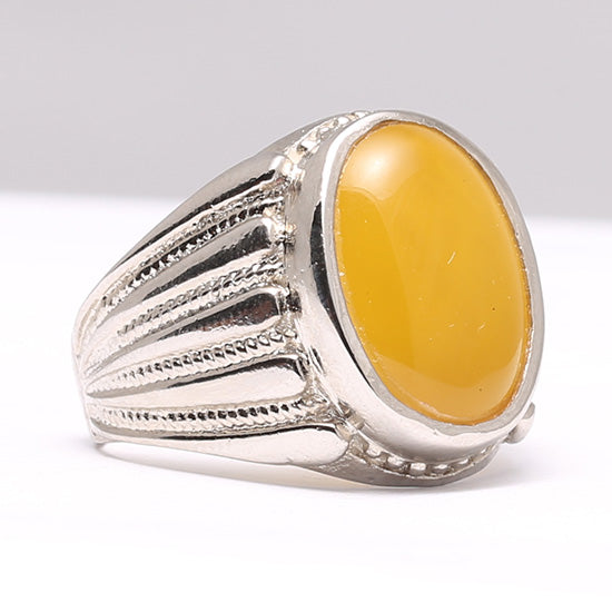 Natural Yellow Aqeeq Silver Ring for Mens Stylish Italian Silver Ring