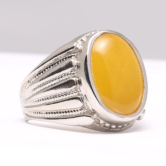 Natural Yellow Aqeeq Silver Ring for Mens Stylish Italian Silver Ring