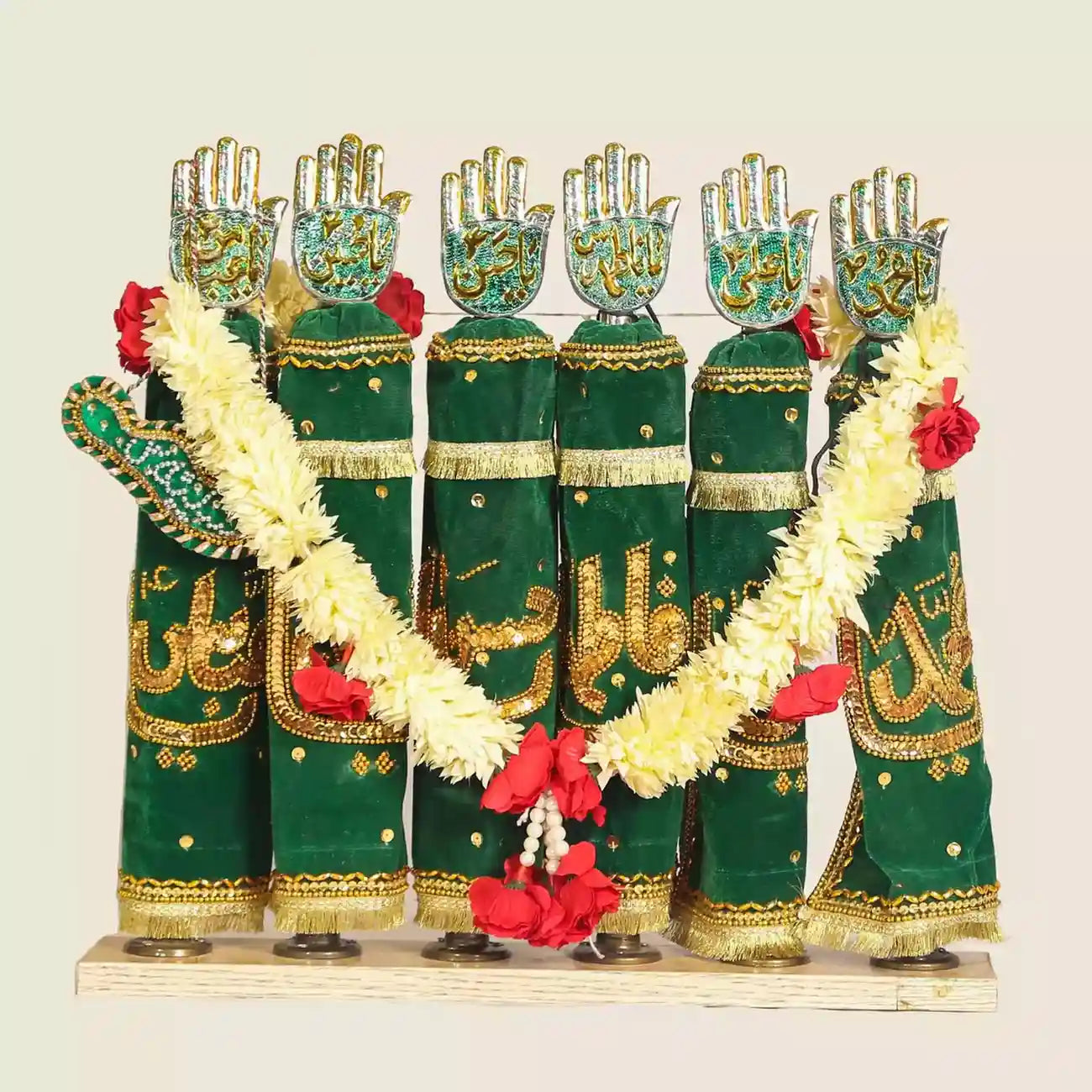 Punjatan & Hazrat Abbas as Alam Panja Set Home Azakhana in Green Velvet Patka