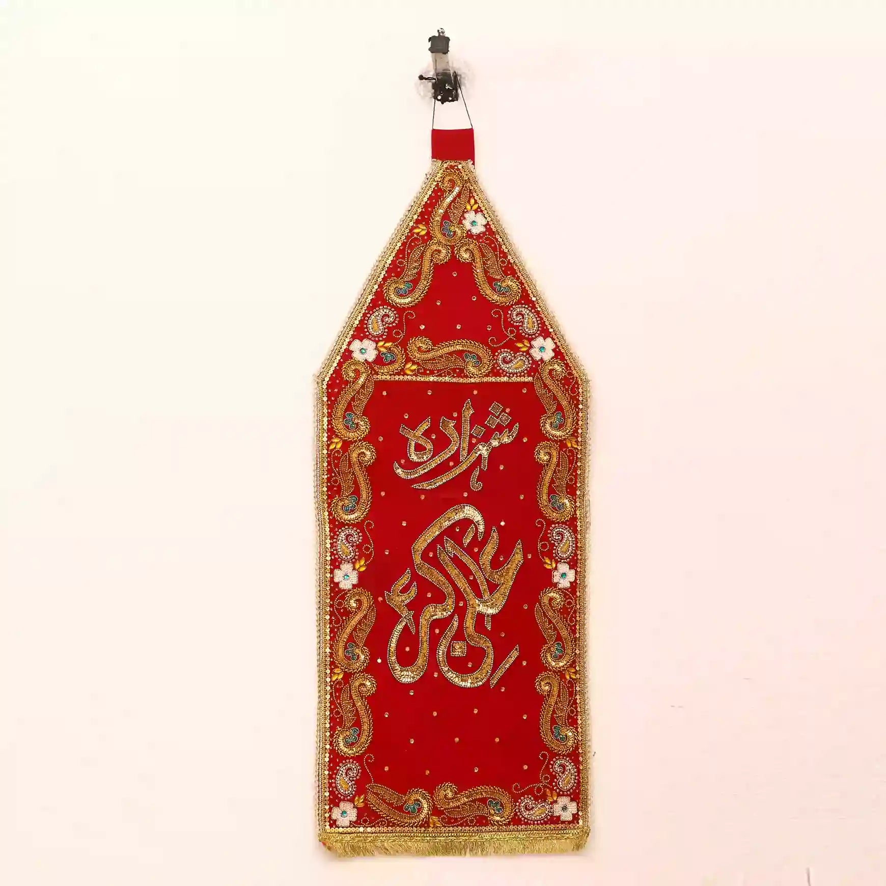 Shahzada Ali Akbar as Red Velvet Alam Patka Showcasing Flower Design and Kora Sequence Work