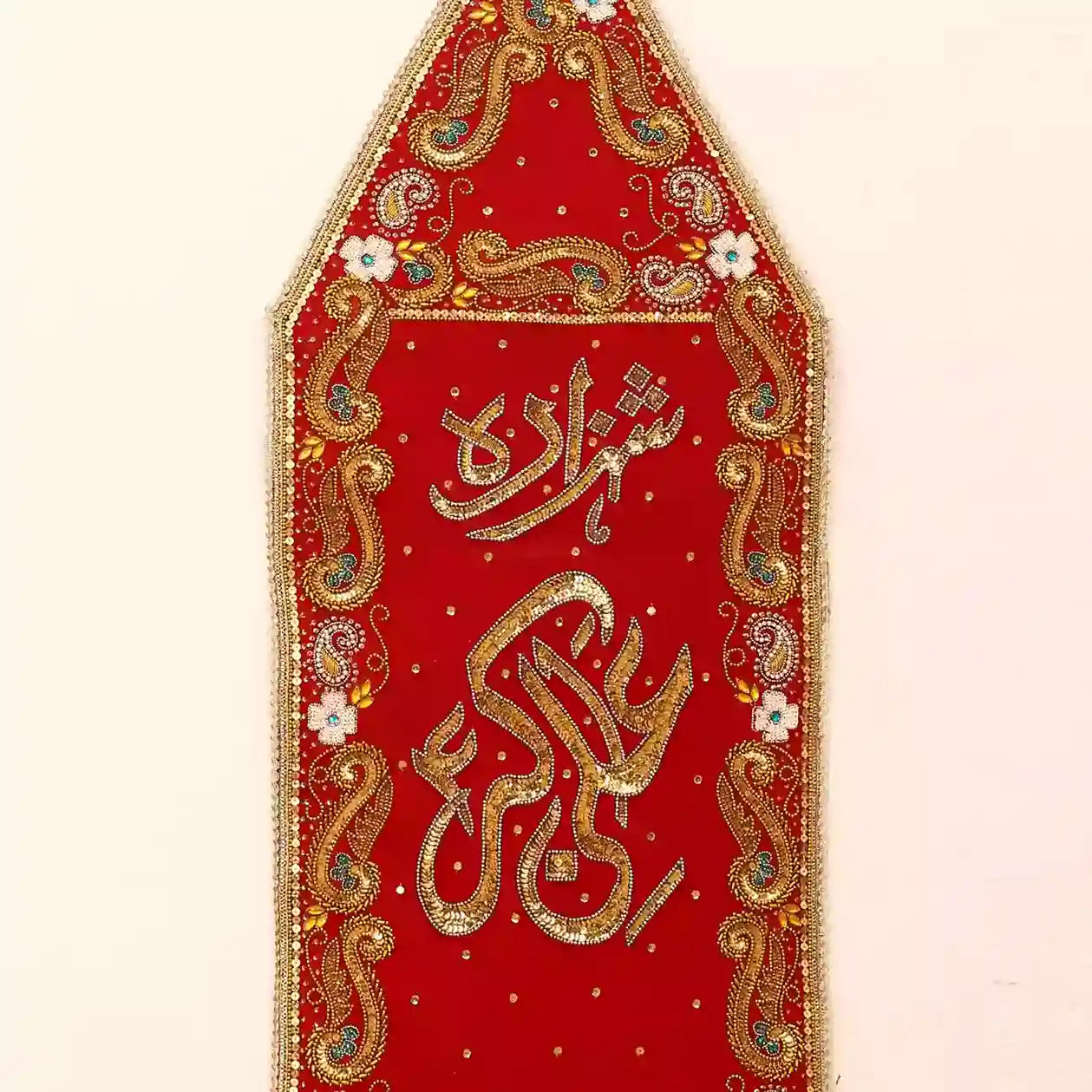 Shahzada Ali Akbar as Red Velvet Alam Patka Showcasing Flower Design and Kora Sequence Work 1