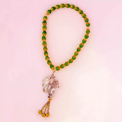 Tasbeeh Ya Zahra sa Pendant with Green Zircon Beads in Glowing Silver