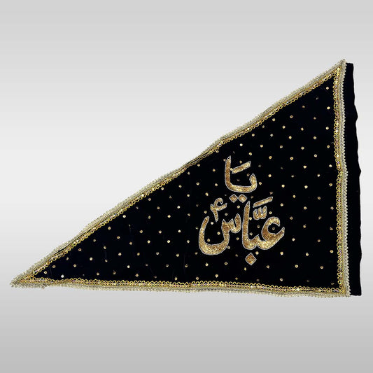 Shimmering ya abbas flag black with golden sequence embroidery, honoring Hazrat Abbas (as) for Azadari and majlis use