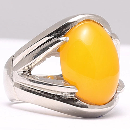 Silver Ring Yellow Aqeeq Agate Beautiful Design Ring