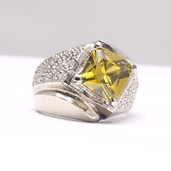 Yellow Zircon Silver Italian Ring - Elegant Men's Ring Design
