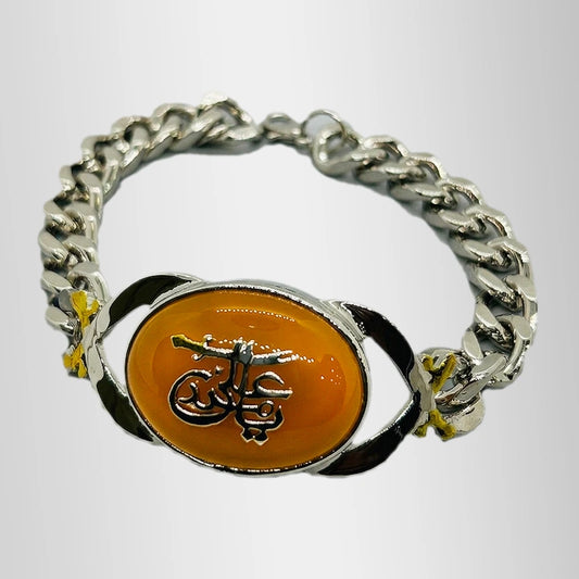 Ya Ali Madad (a.s)Yellow Aqeeq Zulfiqar Silver Bracelet For Gents