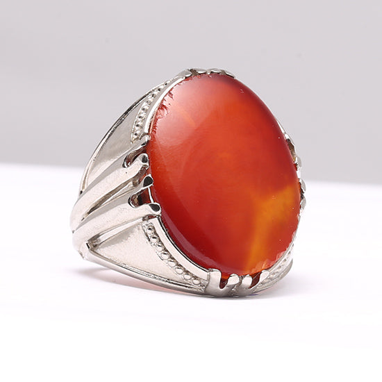 Yemeni Aqeeq 925 Silver Ring with Flat Stone - Handmade Men's Ring Design