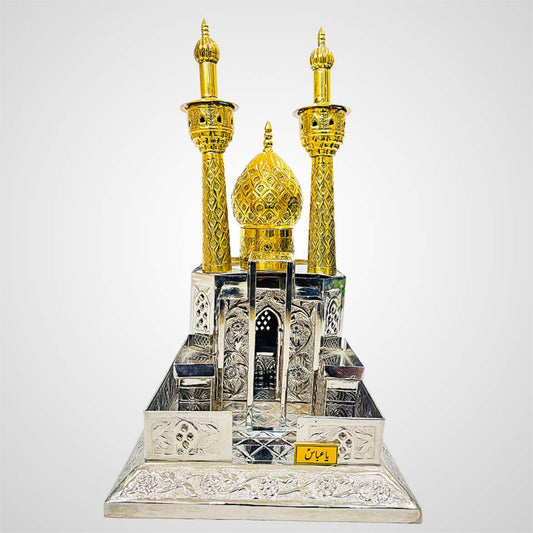 Front view of Hazrat Abbas (as) zarih replica in German silver with golden nameplate, inspired by Roza of Karbala